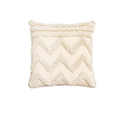 Cream-colored square cushion cover with textured fluffy zigzag pattern and fringe trim for living room decor by decorbites bohemian tassel