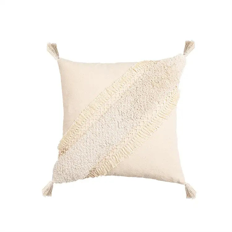 Cream cushion cover with textured woven diagonal band and tassels for decorbites bohemian tassel living room decor