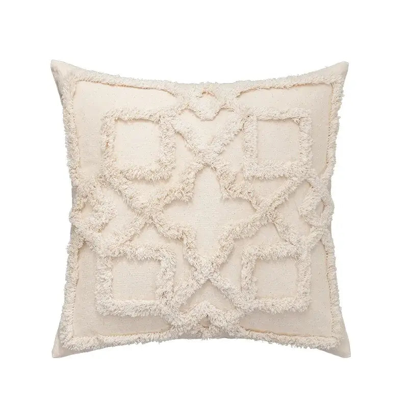 Cream-colored cushion cover with textured frayed geometric pattern in off-white fabric for living room decorbites bohemian tassel decor