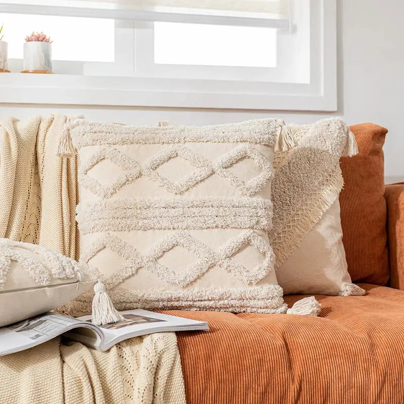 Cream-colored cream geometric tassel cushion cover with diamond embroidery for living room decor by decorbites bohemian tassel
