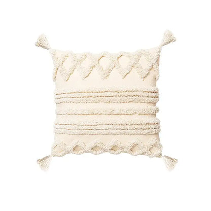 Cream-colored cushion cover with textured layered fringe and tassels for living room decor by decorbites bohemian tassel