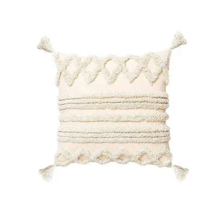 Cream-colored cushion cover with textured layered fringe and tassels for living room decor by decorbites bohemian tassel