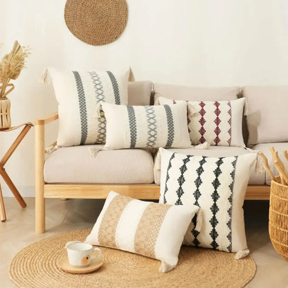 Beige and black geometric bohemian tassel cushion cover with tassel trim for living room decorbites bohemian tassel decor