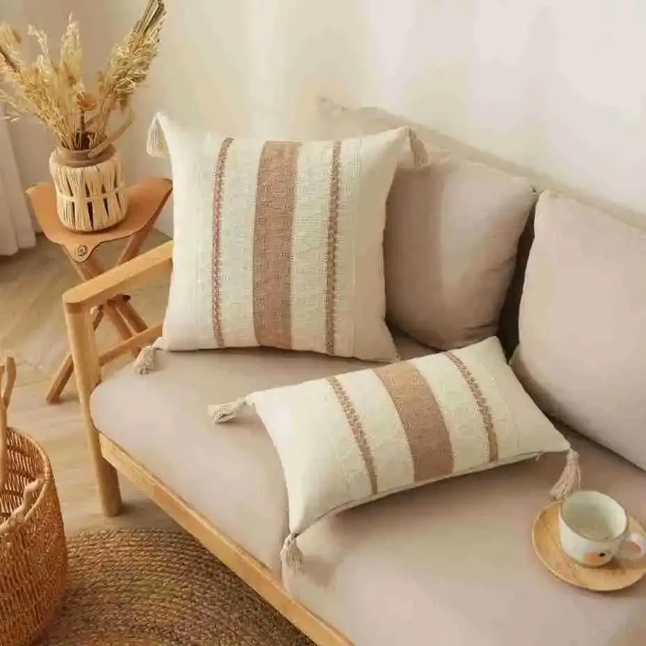 Beige and cream striped woven cushion cover with tassel accents decorbites bohemian tassel for living room decor