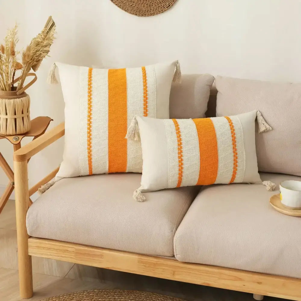 Cream and orange striped woven cushion cover with tassel accents decorbites bohemian tassel cushion for living room decor