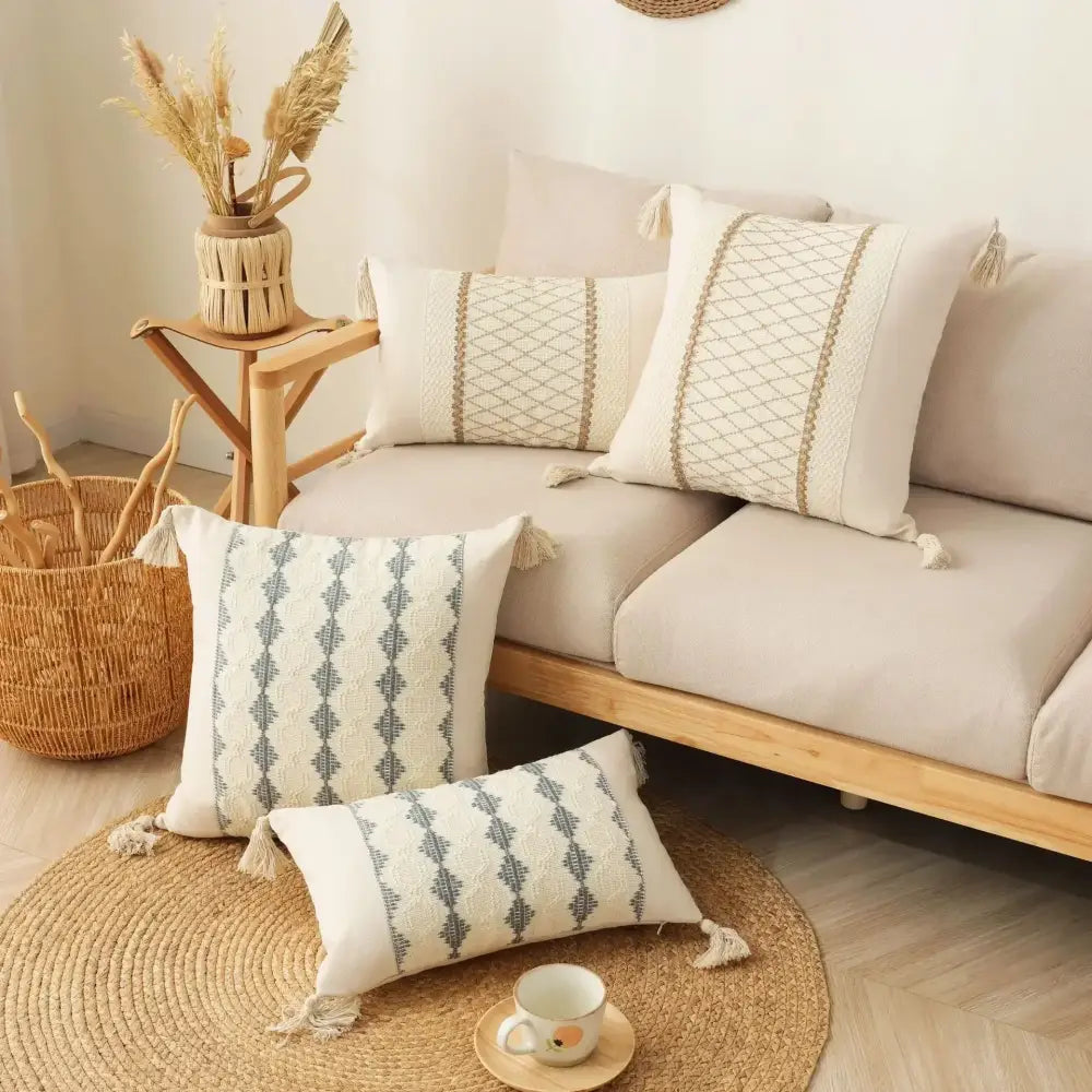 Cream-colored throw pillow with gray geometric pattern and tassels decorbites bohemian tassel cushion cover for living room