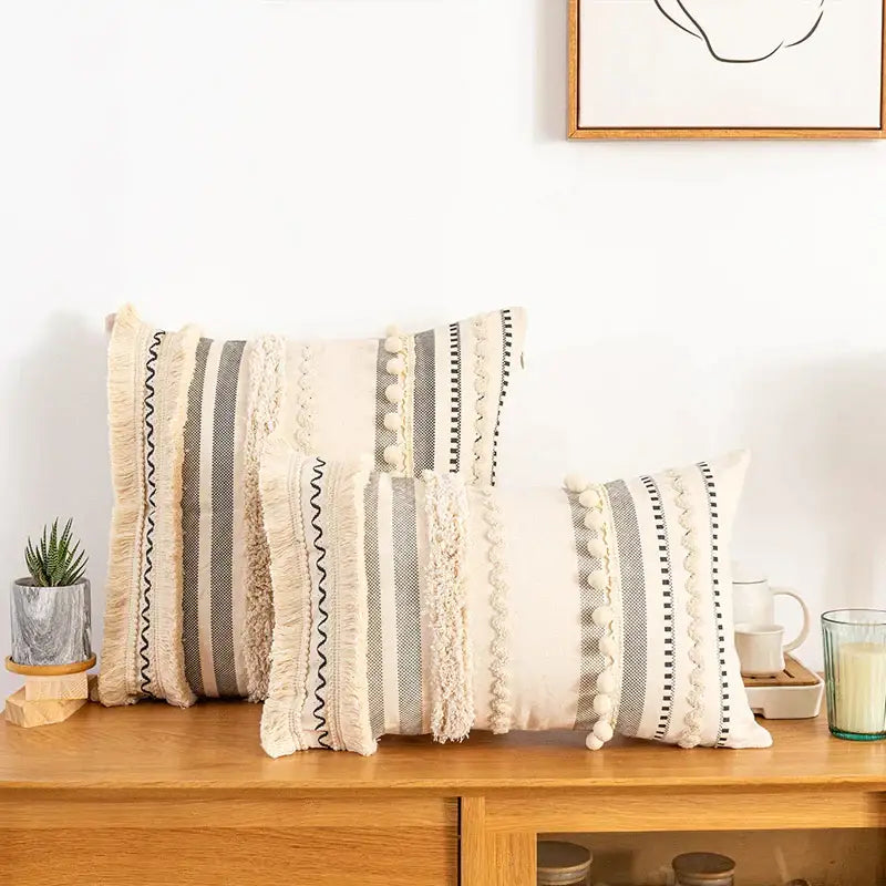 Beige and gray striped bohemian cotton cushion cover with textured fringe pom-poms for living room decorbites decor