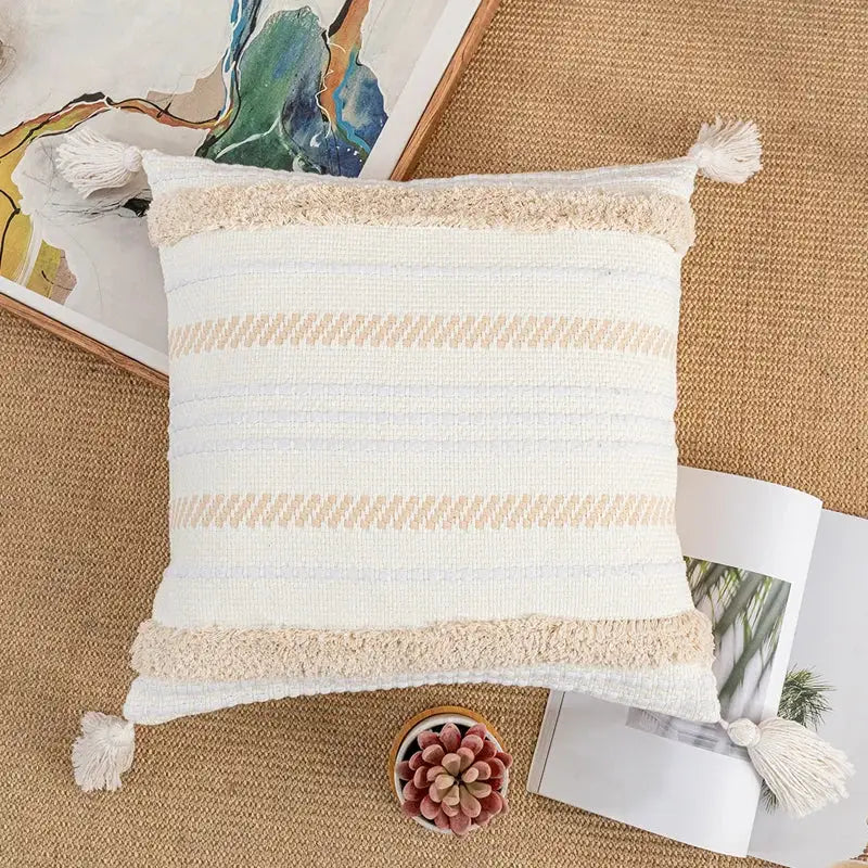 Cream and white striped woven cotton cushion cover with tassel trim for decorbites bohemian cotton cushion decor