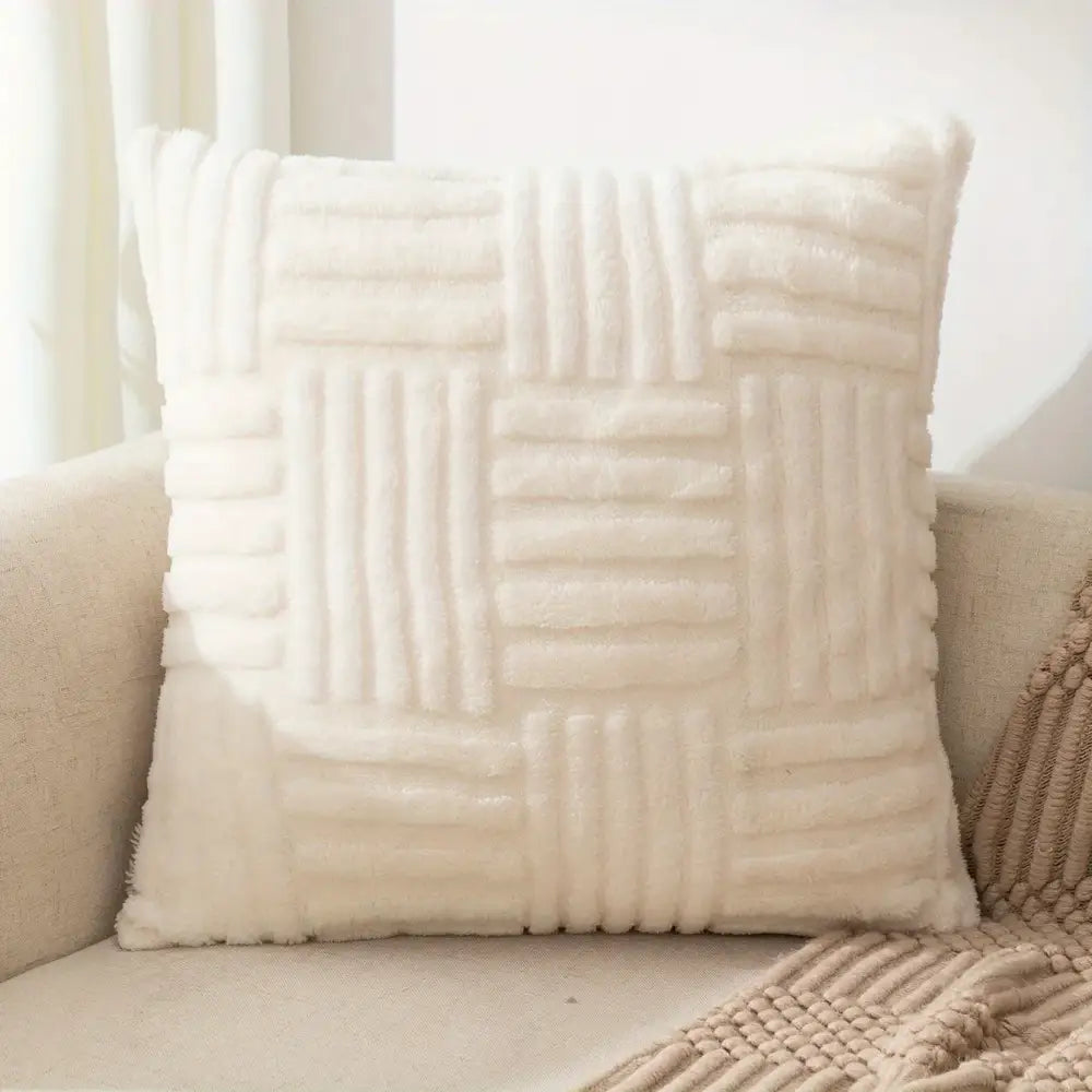 Cream-colored faux fur throw pillow with textured woven pattern velvet knitted cushion cover decorbites bohemian snowflake