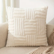 Cream-colored faux fur throw pillow with textured woven velvet knitted cushion cover decorbites bohemian snowflake design