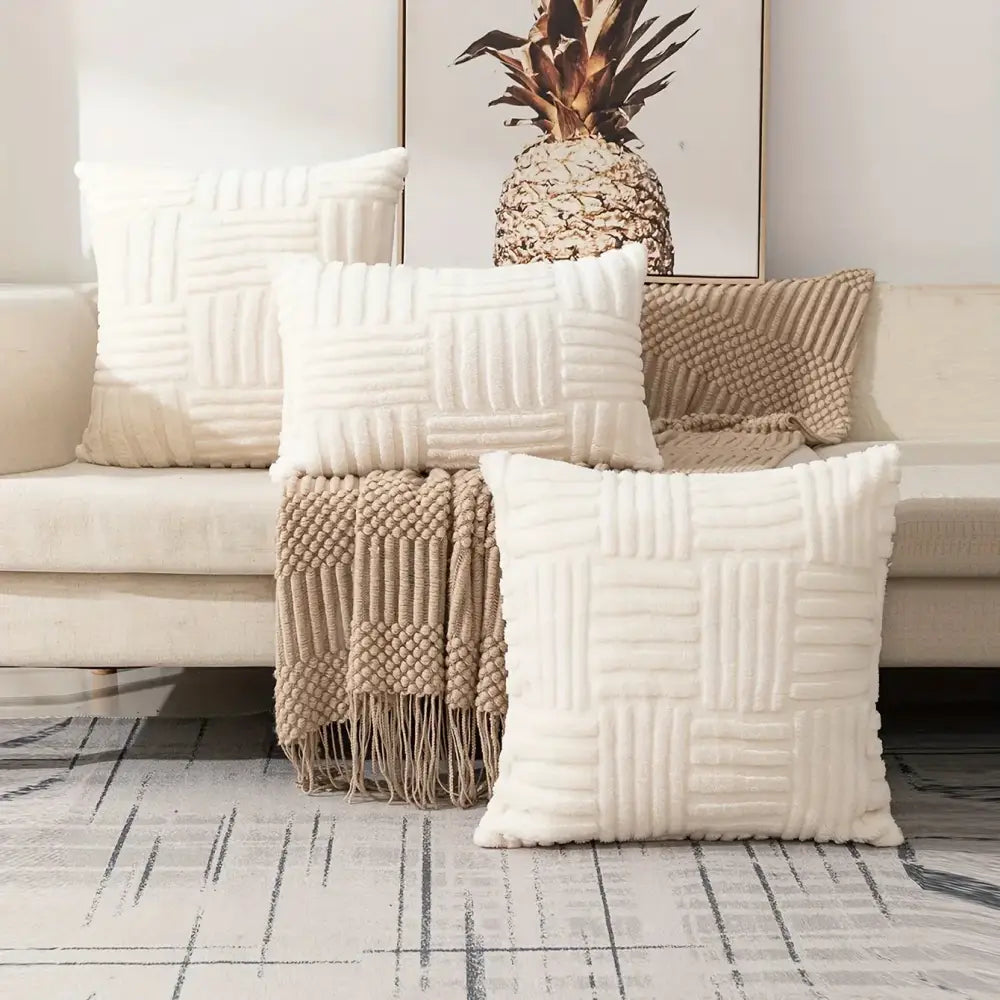 Cream-colored velvet knitted cushion cover with textured woven pattern decorbites bohemian snowflake living room pillow
