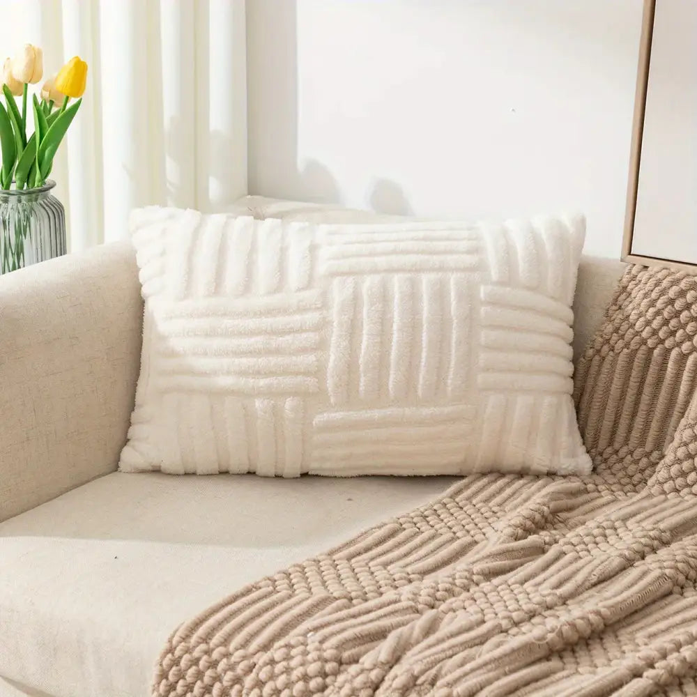 Cream-colored velvet knitted cushion cover with plush textured woven pattern for decorbites bohemian snowflake style