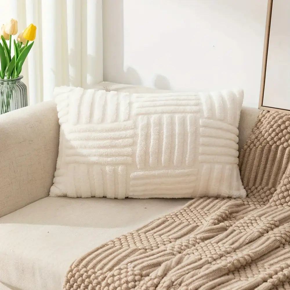 Cream-colored plush velvet knitted cushion cover with textured woven pattern decorbites bohemian snowflake decor