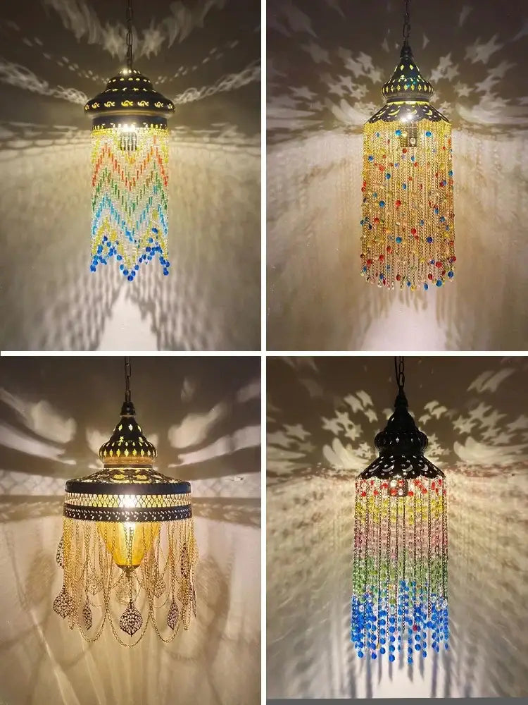 Colorful beaded Moroccan-style bohemian crystal pendant light with intricate gold and black metalwork for dining room decorbites chandelier
