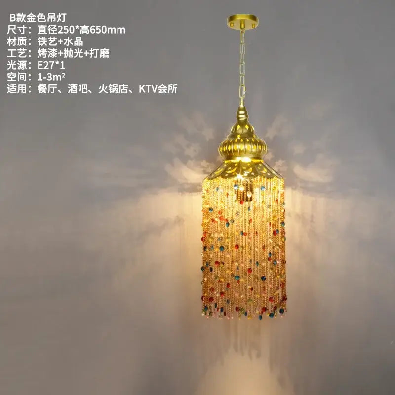 Golden ornate bohemian crystal pendant light with cascading colorful crystals and beads for dining room decorbites chandelier