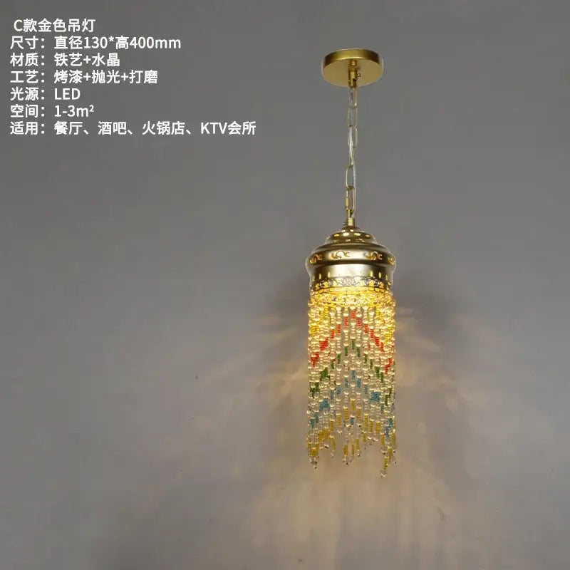 Golden decorbites bohemian crystal pendant light with cylindrical top and colorful glass bead strands for dining room decor