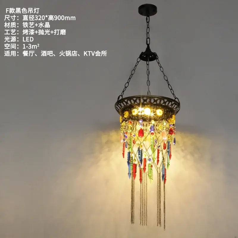 A vibrant bohemian crystal pendant light with multi-colored crystals and black wrought iron frame for dining room decorbites bohemian crystal chandelier
