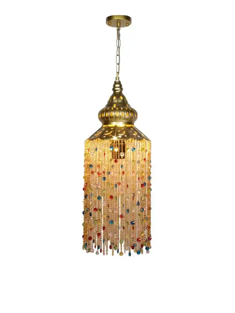 A golden ornate decorbites bohemian crystal pendant light with multicolored glass beads for dining room decor