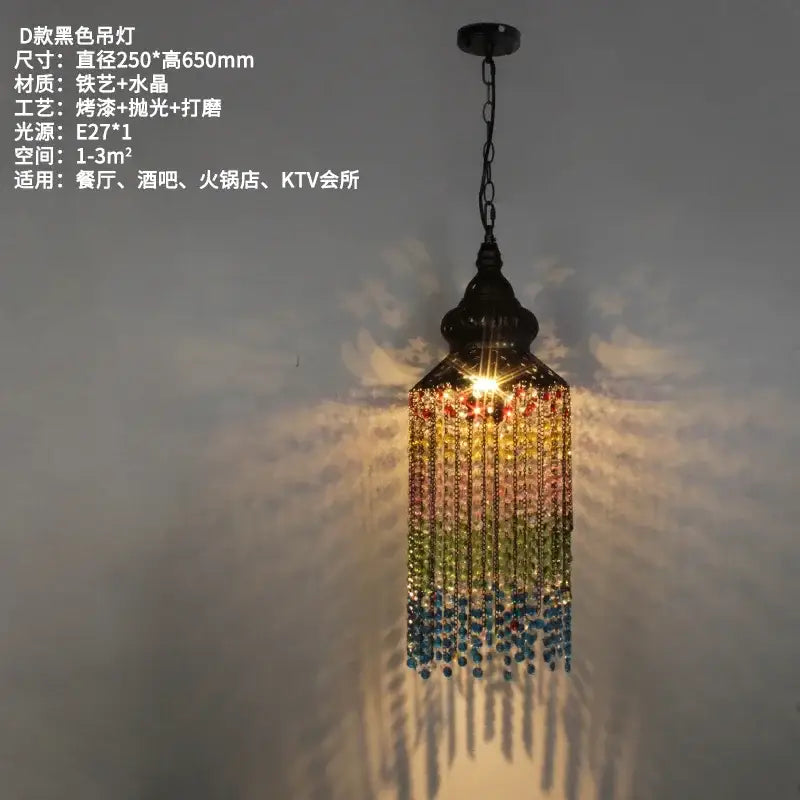 Black d-style pendant light with decorative iron frame and rainbow crystal beads for decorbites bohemian crystal pendant