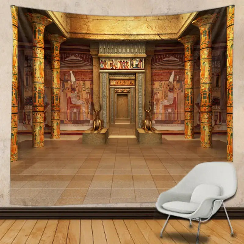 Bohemian egyptian building tapestry wall hanging with gold and orange columns and sphinxes for bedroom decor