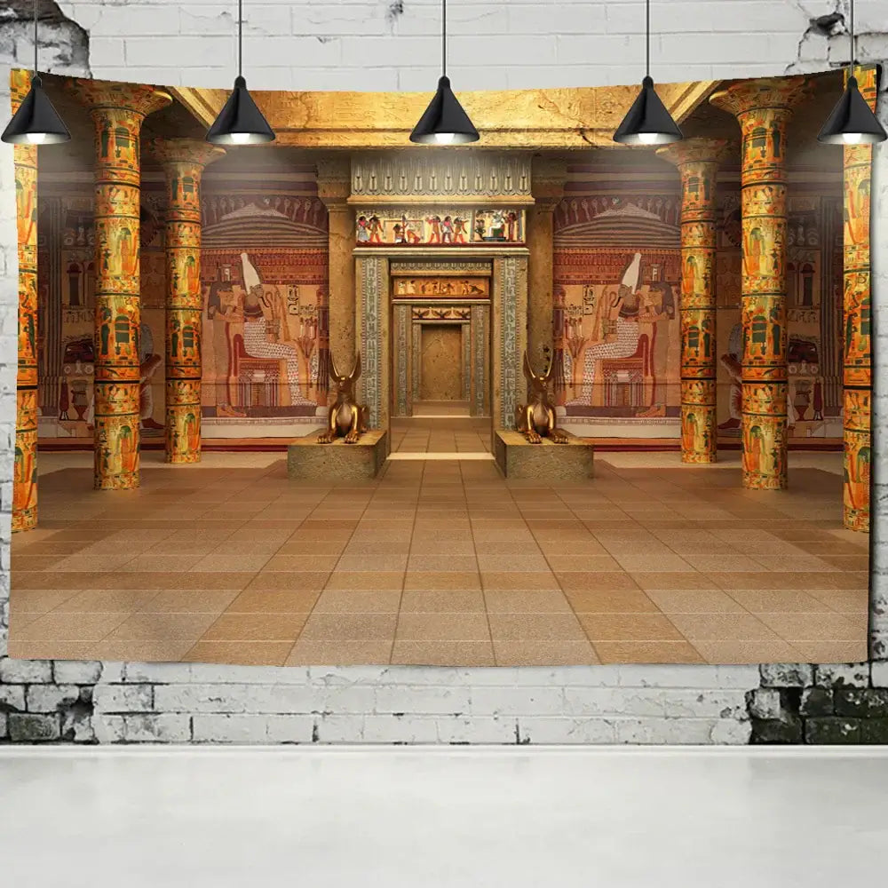 Bohemian egyptian building tapestry wall hanging featuring ornate columns hieroglyphic murals and golden statues for bedroom decor