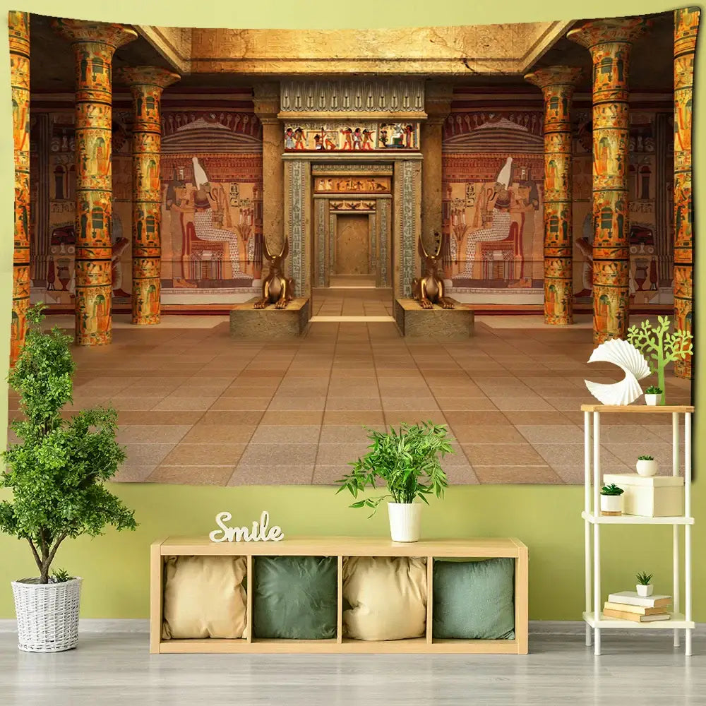 Bohemian egyptian building tapestry wall hanging featuring intricate hieroglyphics and golden columns for bedroom decor