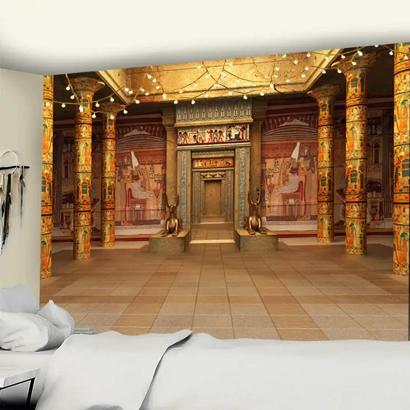 Bohemian egyptian building tapestry wall hanging featuring golden columns and hieroglyphic murals for bedroom decor