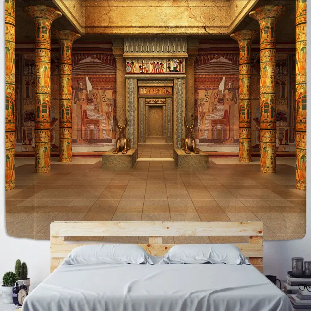 Bohemian egyptian building tapestry wall hanging featuring ornate golden columns and hieroglyphic murals for bedroom decor
