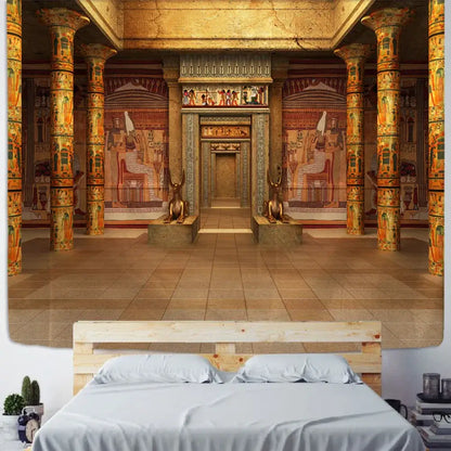 Bohemian egyptian building tapestry wall hanging featuring ornate golden columns and hieroglyphic murals for bedroom decor