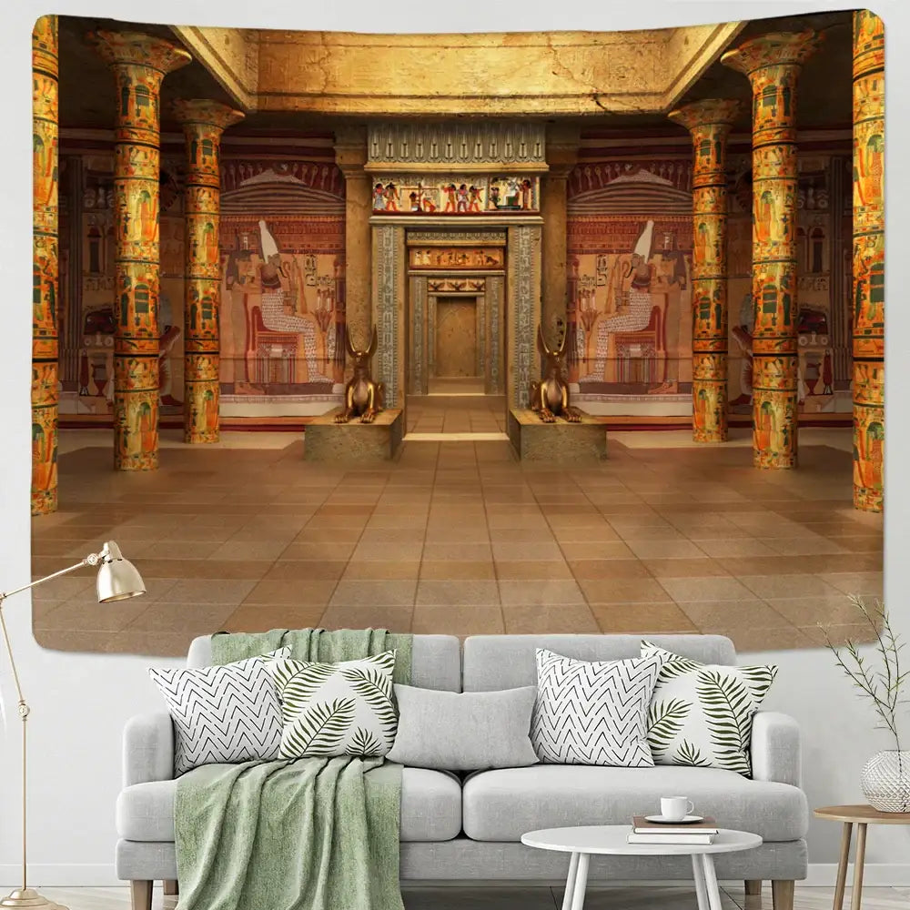 Bohemian egyptian building tapestry wall hanging with golden columns and hieroglyphic designs for bedroom decor