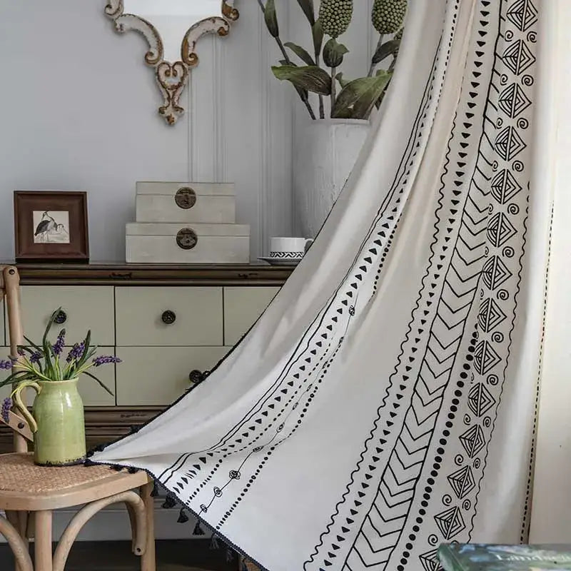 Bohemian ethnic geometry cream and black curtains with tribal printed patterns and tassels for living room decorbites bohemian ethnic