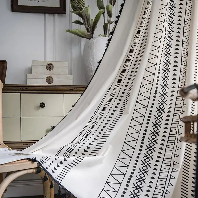Bohemian ethnic geometry printed cream and black curtains with white fabric black geometric patterns and tassels for living room decorbites bohemian ethnic