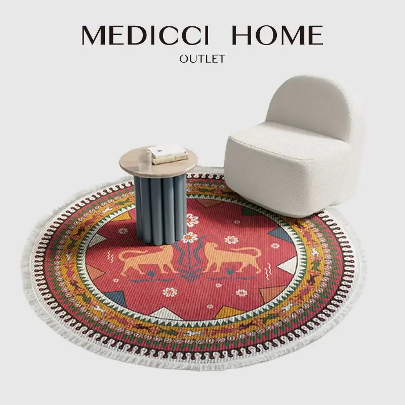 Bohemian ethnic round area rug with vibrant red center golden lion motifs and intricate geometric patterns for decorbites bedroom decor