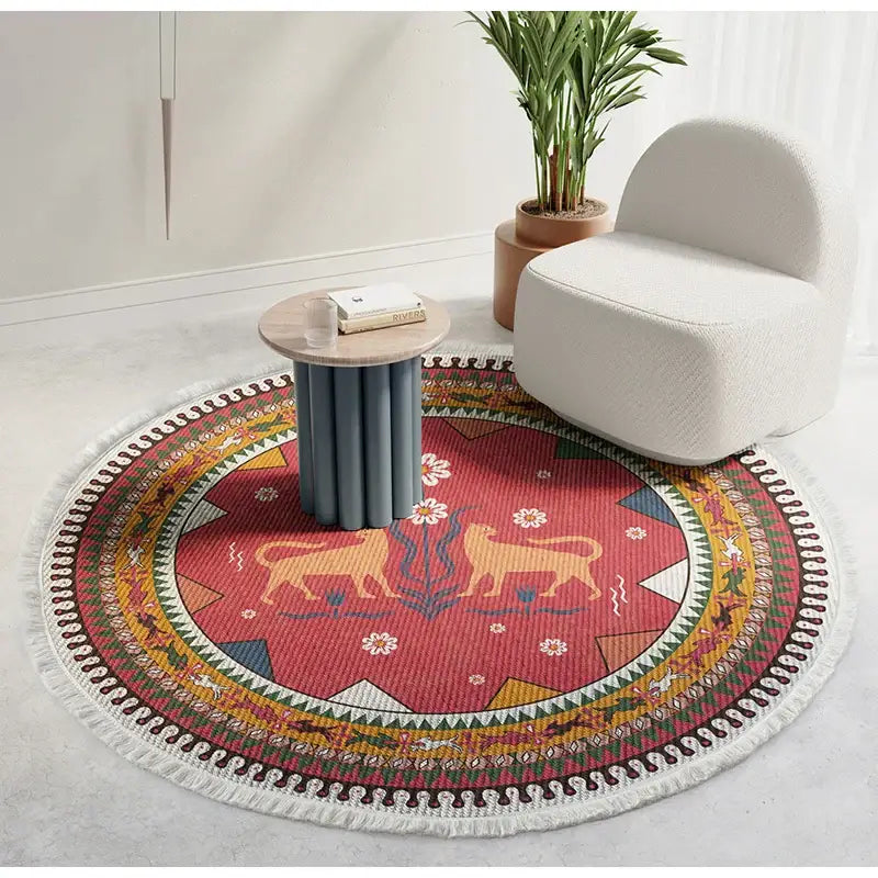 Bohemian ethnic round red area rug with golden lions and intricate geometric floral patterns for bedroom decorbites decor