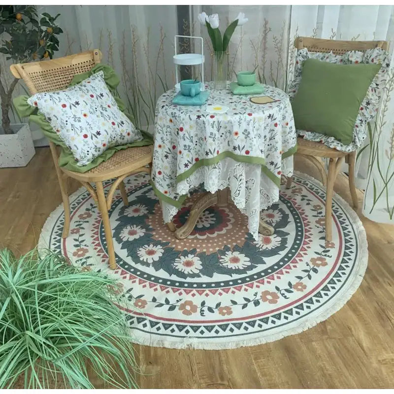 Bohemian ethnic round floral-patterned rug with white fringe and concentric green red and beige flowers for decorbites ethnic round area