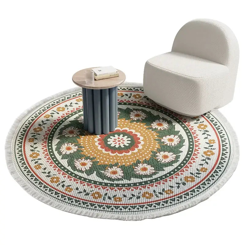 Bohemian ethnic round woven rug with colorful floral mandala pattern and fringe for ethnic round area decorbites decor