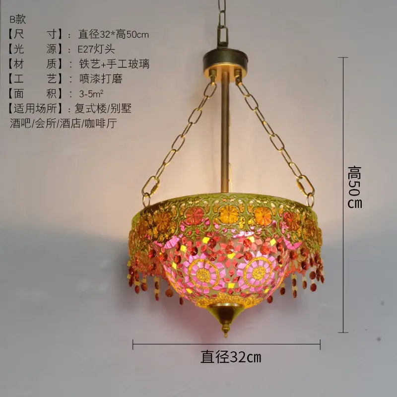 Decorbites bohemian exotic pendant lights with brass frame pink orange floral glass mosaic and red bead accents for dining room decor