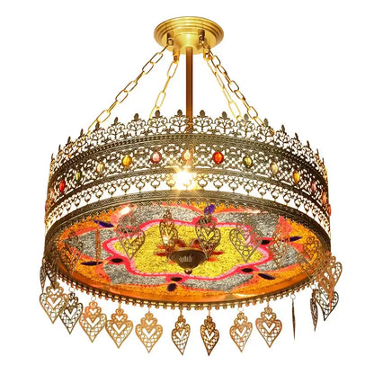 Gold-toned ornate decorbites bohemian exotic pendant lights with colorful gemstones and heart-shaped metal ornaments for dining room