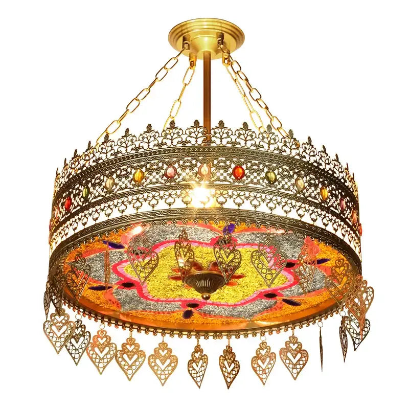 Gold-toned ornate decorbites bohemian exotic pendant lights with colorful gemstones and heart-shaped metal ornaments for dining room