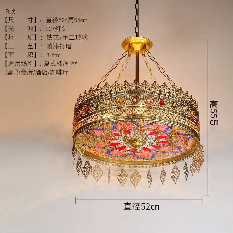 Ornate gold-toned pendant lights with intricate metalwork colorful glass panels and heart-shaped ornaments decorbites bohemian exotic