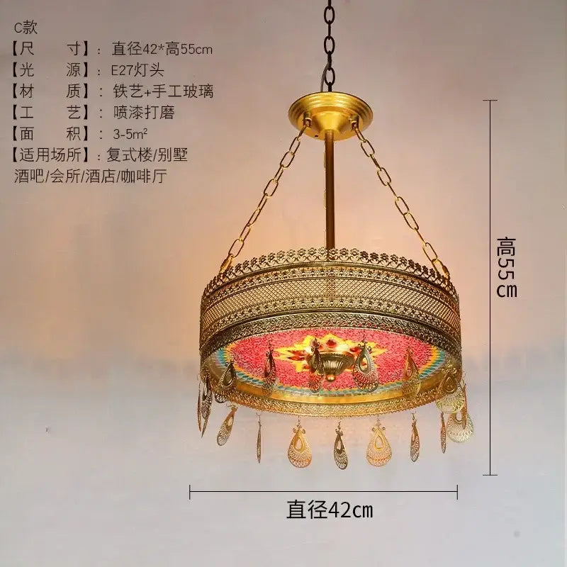 Gold-toned pendant lights with mosaic pink and gold panel and teardrop pendants decorbites bohemian exotic stained design