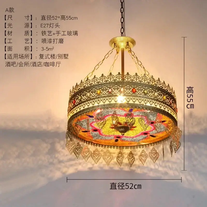 Gold-toned decorbites bohemian exotic pendant lights with intricate metalwork, colorful mosaic glass, and heart-shaped charms