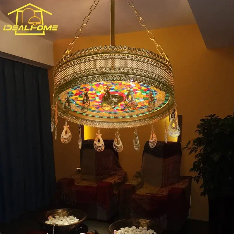 Gold-toned ornate bohemian exotic stained glass pendant lights with intricate mesh and colorful mosaic decorbites bohemian exotic