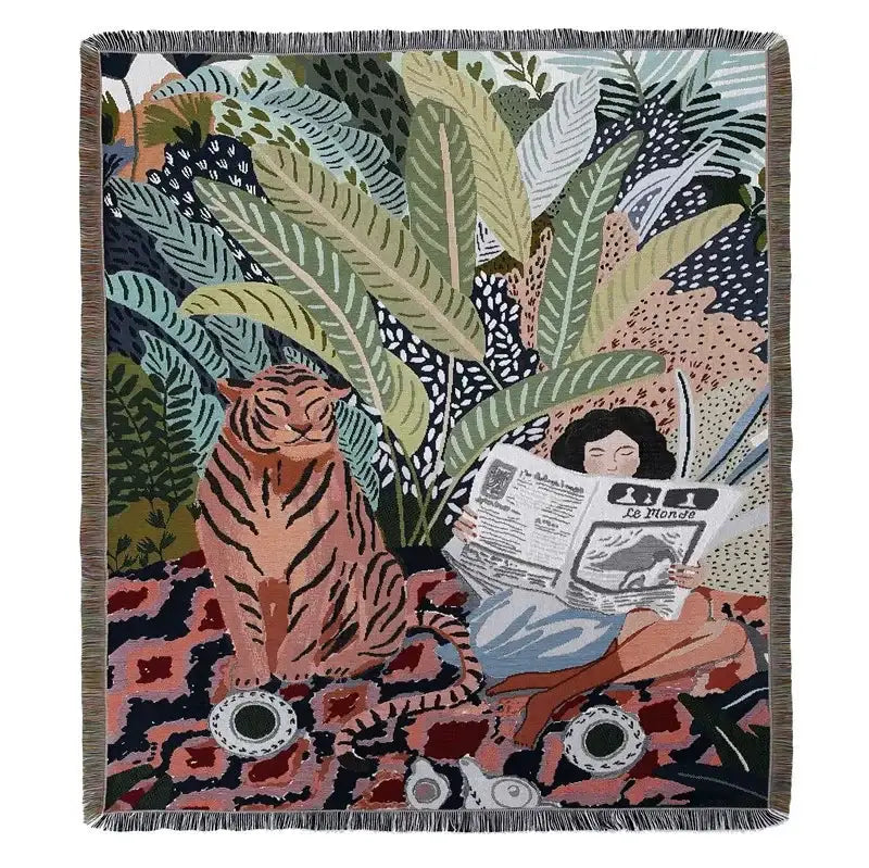 Bohemian throw blanket with vibrant woman and tiger illustration, fringed edges, multicolored floral celestial design decorbites throw blanket