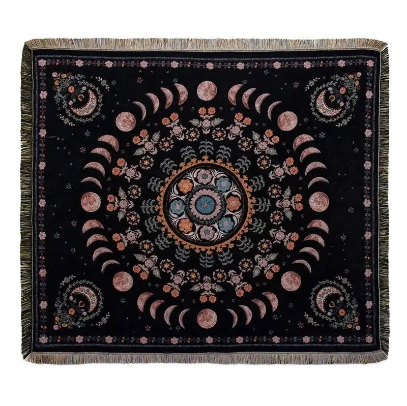 Black bohemian throw blanket with intricate moon phase floral patterns in pinks blues golds and fringed edges decorbites throw blanket