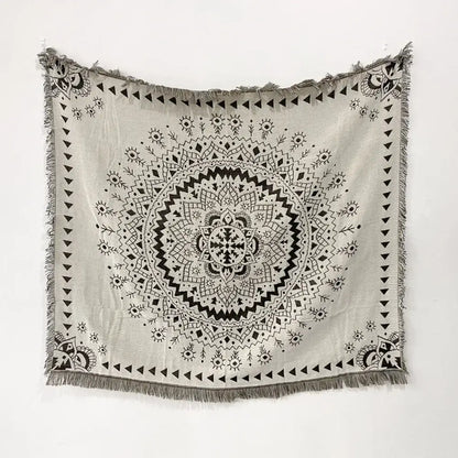 Bohemian throw blanket with black and off-white woven mandala design and fringe for living room decorbites throw blanket