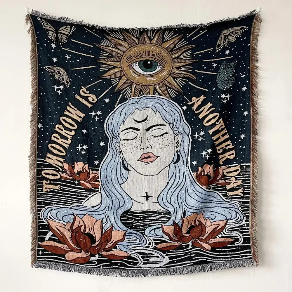 Dark blue woven decorbites bohemian throw blanket featuring a silver haired woman with lotus flowers and butterflies