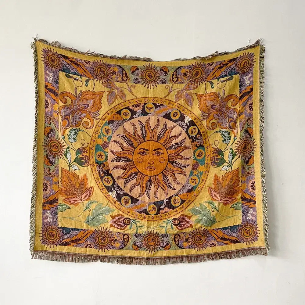 Bohemian throw blanket with vibrant yellow sun tapestry and floral celestial patterns for living room decorbites throw blanket