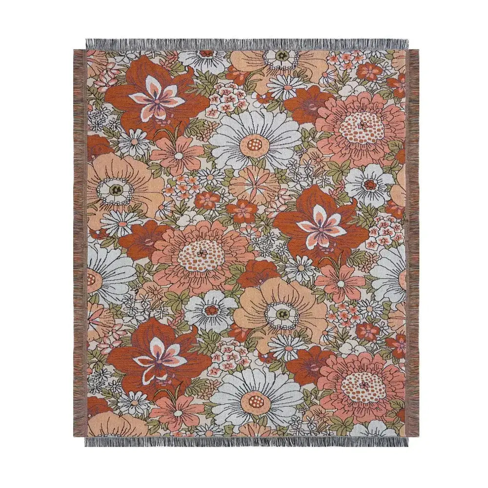 Rectangular woven bohemian floral leisure blanket in rust cream with vintage floral pattern and fringed edges by decorbites