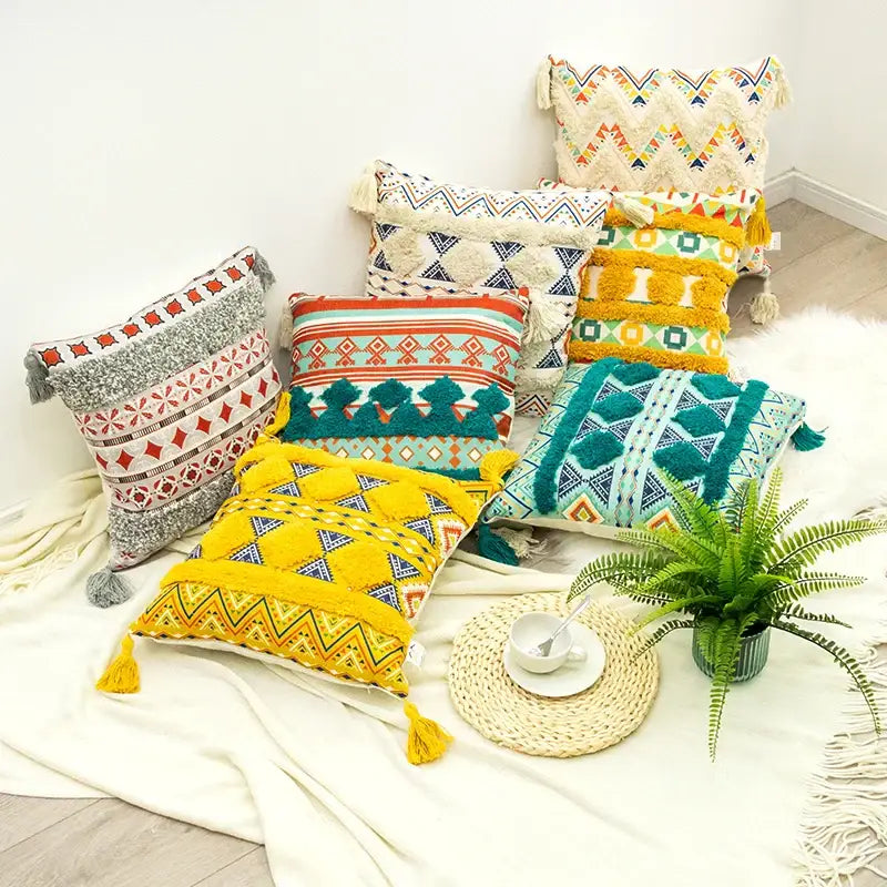 Vibrant decorbites bohemian floral throw pillow cover with bold geometric patterns textured yarns and tassels for living room decor